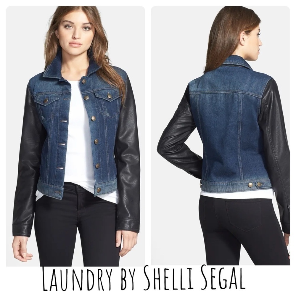 Shelli Segal Faux Leather Sleeve Denim Jacket. Button up.  Flap pockets.